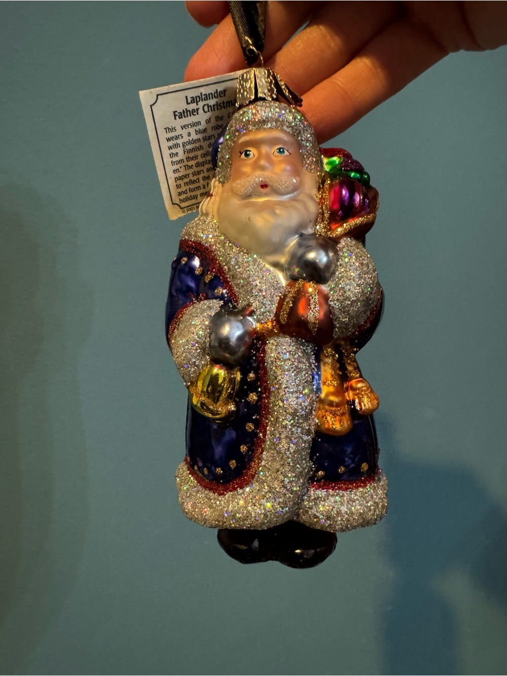 Vintage Old World Christmas Blue Santa Glass Ornament - with original tags